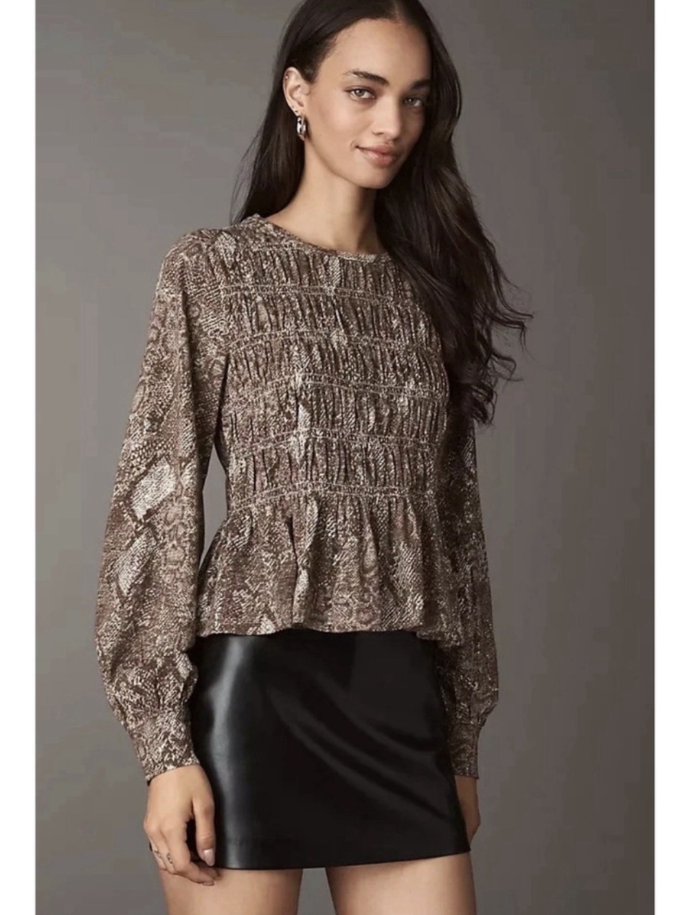 Anthropologie Pilcro Long Sleeve Smocked Top Medium Snake Print Pullover Blouse